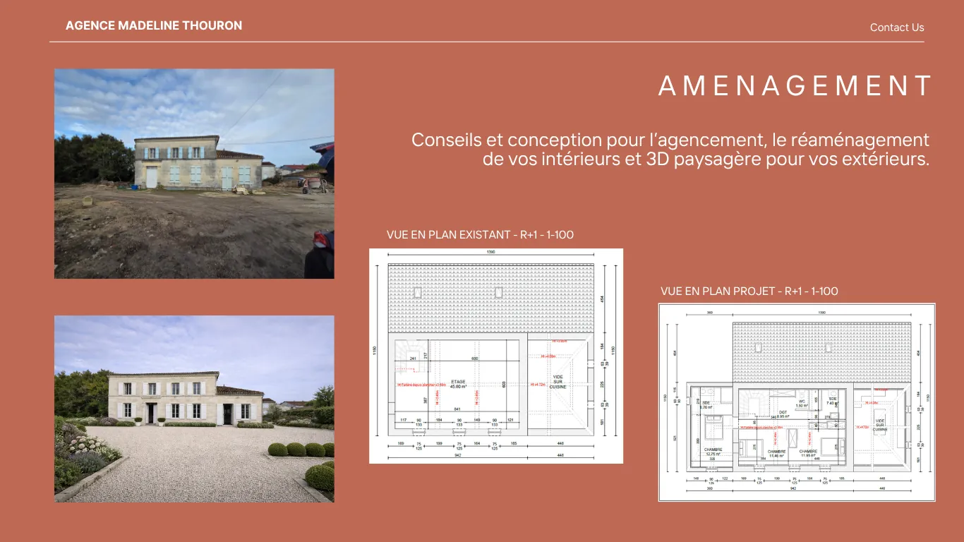 Planche d'aménagement, photos de l'existant et plans du projet