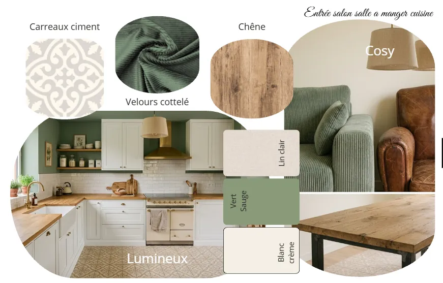 Planche d'ambiance de l'entrée, du salon et de la cuisine